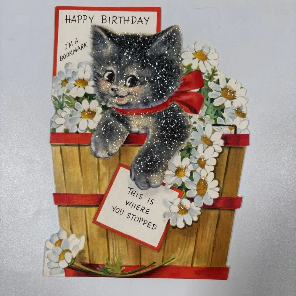Vintage Cat Kitty Hallmark Birthday Card Bookmark Glitter Die Cut Cute Decor Art